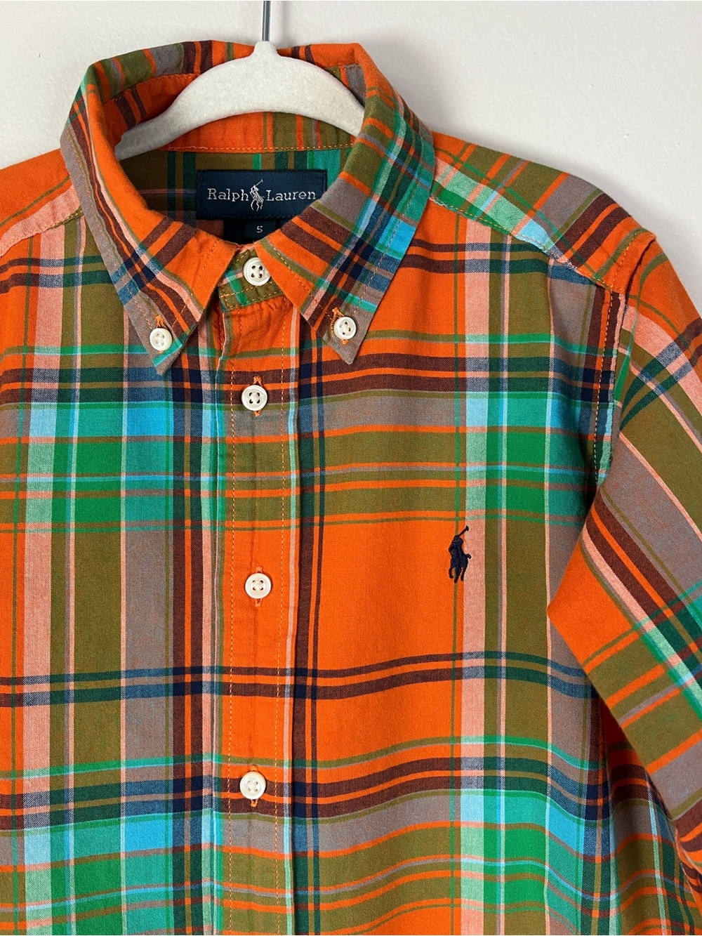 VTG Polo Ralph Lauren Boys Sz 5 Vibrant Madras Plaid Button Down LS Shirt Preppy